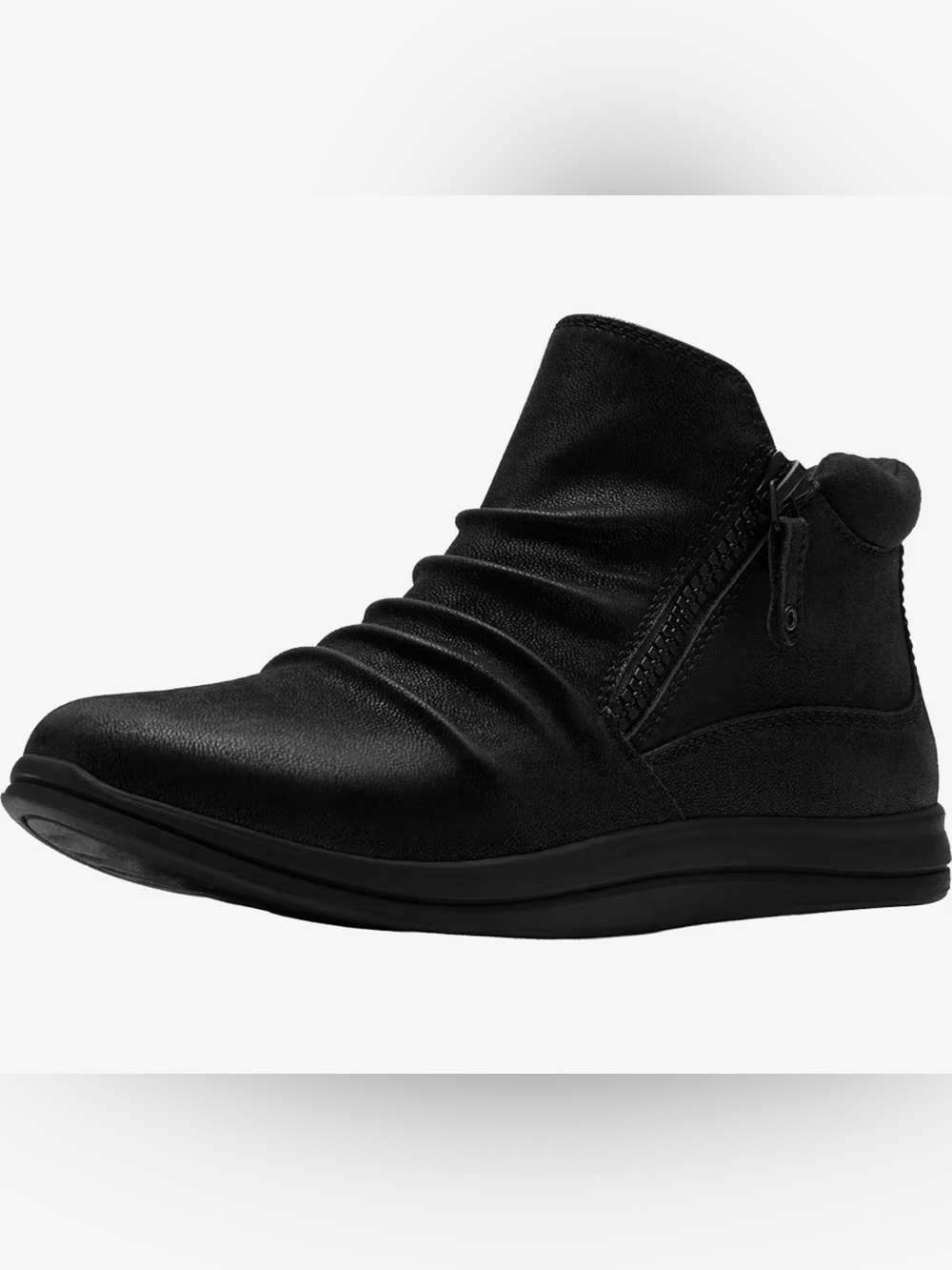 Clarks Black Ruched Leather Ankle Boot with Side Zip Size 9